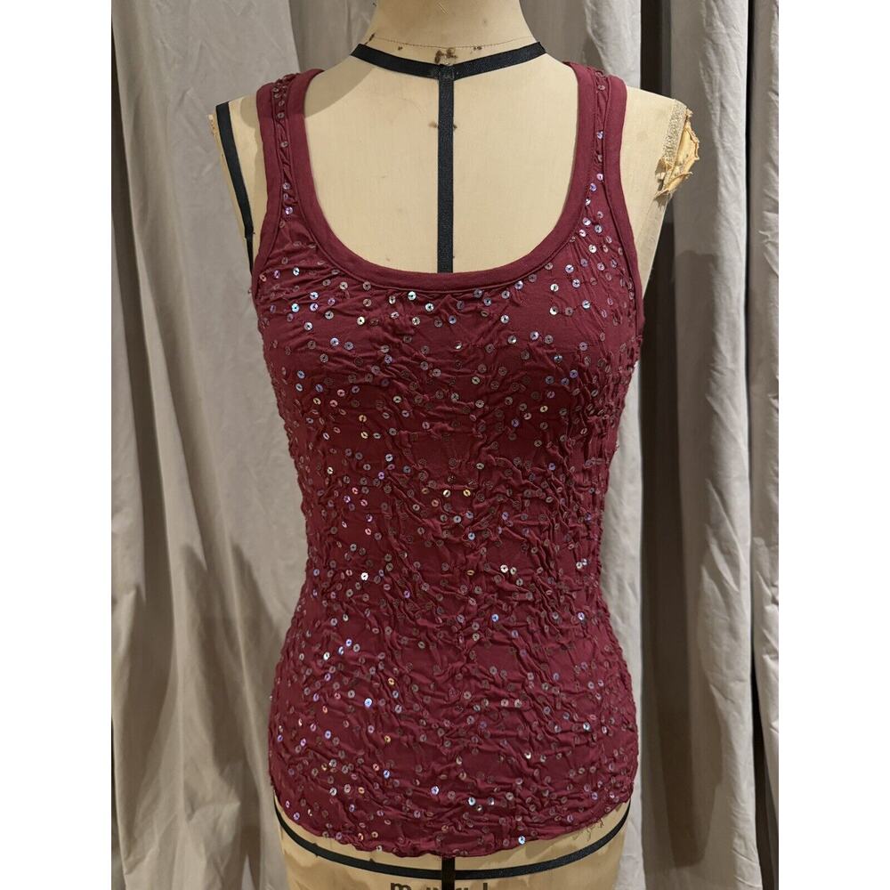 Vintage Ann Ferriday Stock Sequin Embroidered Pucker Stretch Cotton Tank S